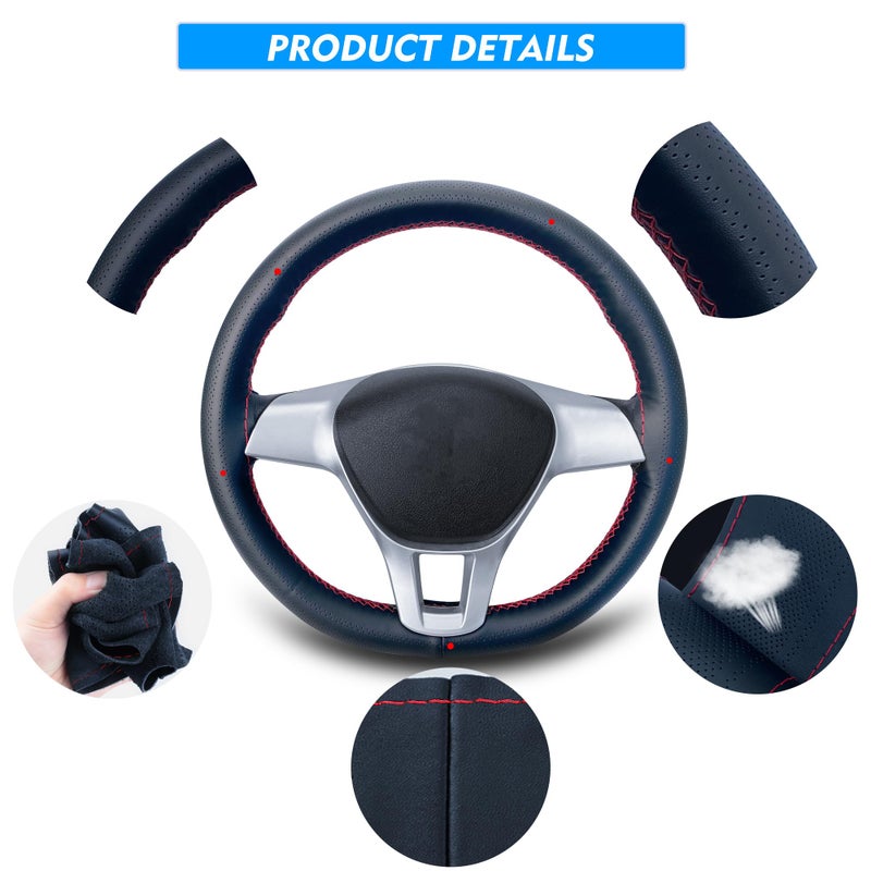 Carodi Leather Steering Wheel Cover, Breathable Non-Slip Design, Soft and Comfortable Feeling, Universal 15 Inch Auto Car Steering Wheel Stitch on Wrapï¼ˆSize M, Black with red lineï¼‰ - Image 3